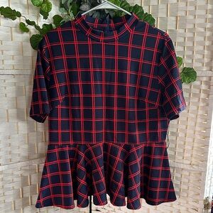 Plaid Peplum Top - Red and Black